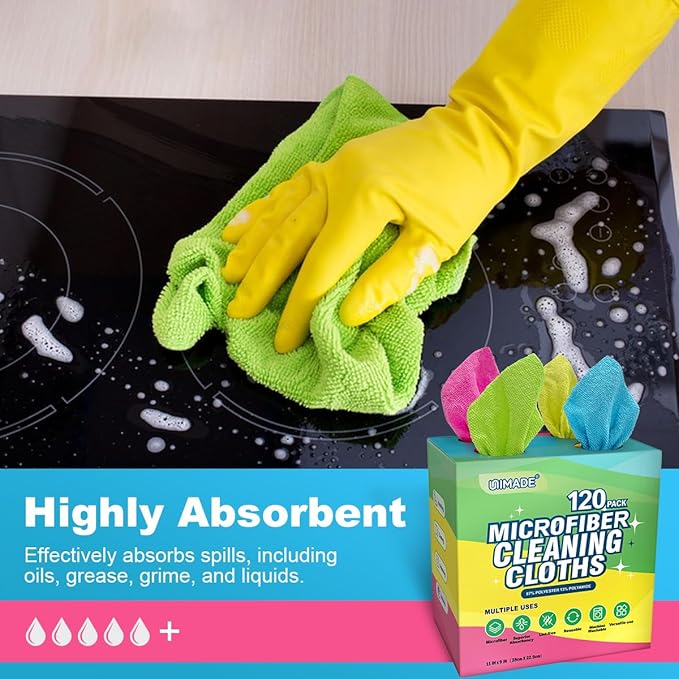 UNIMADE Microfiber Cleaning Cloth, 120 Pack Reusable Paper Towels Microfiber Towels for Cars Lint Free Washable Tissues Shop Rags with Dispenser Box for Home Kitchen Automotive, 11"x 9", Multicolor