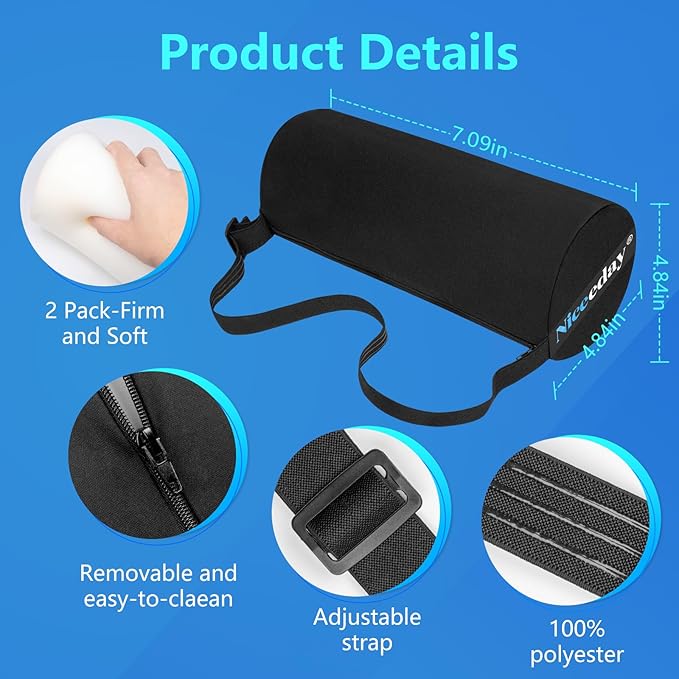 Lumbar Roll 2 Pack, Upgrated Soft & Firm Density with Non Slip Adjustable Straps, Low Back Lumbar Support for Office Chair & Car Seat Back Support Cushion, Lumbar Support for Car Seats, Desk Chair