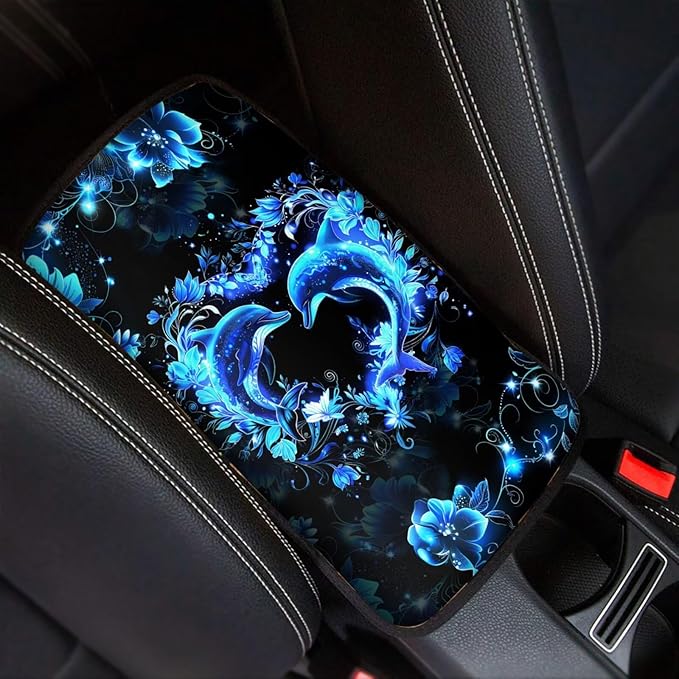 Heart Dolphin Car Armrest Cover Pad for Women Girls Non Slip Decorative Center Console Cushion Dustproof Car Armrest Box Protector Cover Breathable Softs