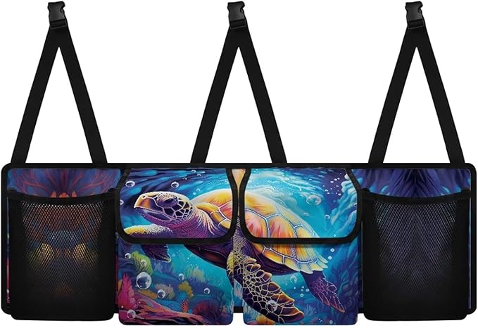 Turtle Trunk Hanging Storage Bag Underwater World Back of Seat Car Organizer Multipurpose Cargo Accessory with 3 Adjustable Buckles