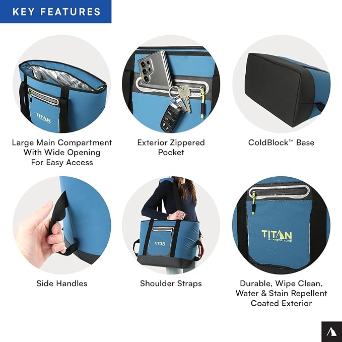 Titan by Arctic Zone Soft Sided Cooler Tote, Insulated Bag with Handle, Shoulder Strap, and Zipper for Lunch, Picnic, and Travel, 30 Can Capacity