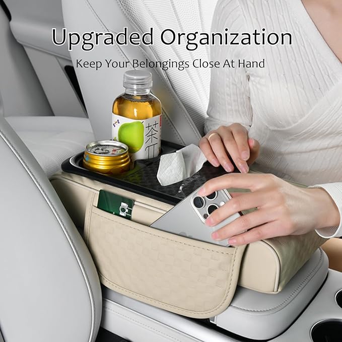 Car Center Console Armrest Pad, Arm Rest Box Cushion with Ergonomic Height Boost, Storage Pockets, Built-in Tissue Box, Cupholder, Fit for Most Sedan Vehicles (Embossing Checkerboard, Coffee)