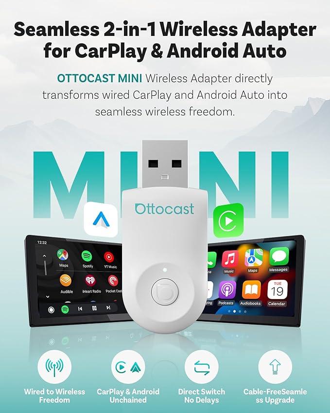 OTTOCAST Mini 2025 Wireless CarPlay & Android Auto 2-in-1 Adapter, Plug & Play, 5GHz WiFi, Auto Connect for iPhone & Android, Fits 98%+ OEM Wired CarPlay Cars