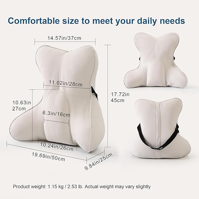 Lumbar Support Pillow(Pat. Pend) – Multi-Functional Ergonomic Back Cushion for Sofa Chair, Car Seat & Sofa, Reading Pillow with Firm Multi-Zone Support to Relieve Lower Back Pain, Misty White
