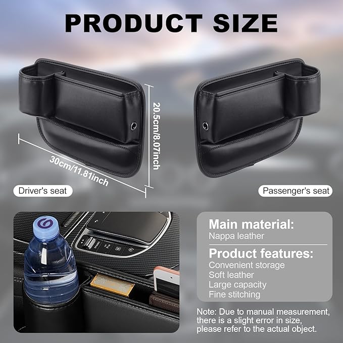 2Pcs Car Seat Gap Filler Organizer,Black Car Organizer with Cup Holder,Leather Car Seat Gap Plug with Storage Slot for Phones,Glasses,Keys,Cards