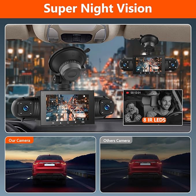 Podofo 360° Dash Cam Front and Rear Inside,4 Channel 3" IPS Touchscreen Dash Cam Front and Rear Inside Left Right,4*1080P Dash Camera with 8 IR Night Vision,Loop Recording,G-Sensor,24 Hours Recording