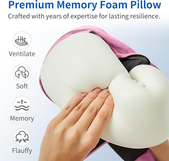 Travel Pillow, Memory Foam Neck Pillow for Sleeping, 360° Ergonomic Support Travel Neck Pillow for Flights, Portable Set with 3D Eye Mask, Washable Cover, Comfort for Airplane & Office (Pink)