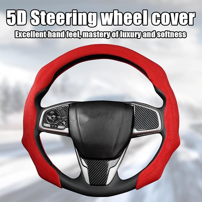 Mandark Car Steering Wheel Cover, Suede Sport Vehicle Steer Wheel Protector Fitting 15 Inch, Non-Slip Comfortable Automotive Interior Decoration Accessories, Universal for Most Cars (Red)
