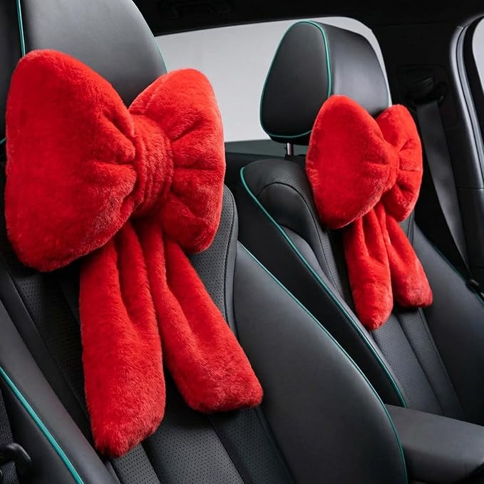Macarrie 2 Pcs Car Neck Pillow Plush Butterfly Bow Car Headrest Pillow Comfortable Seat Neck Support Cute Head Rest Accessories for Driving Travel Driver Chair Girl Style Interior Decor (Red)