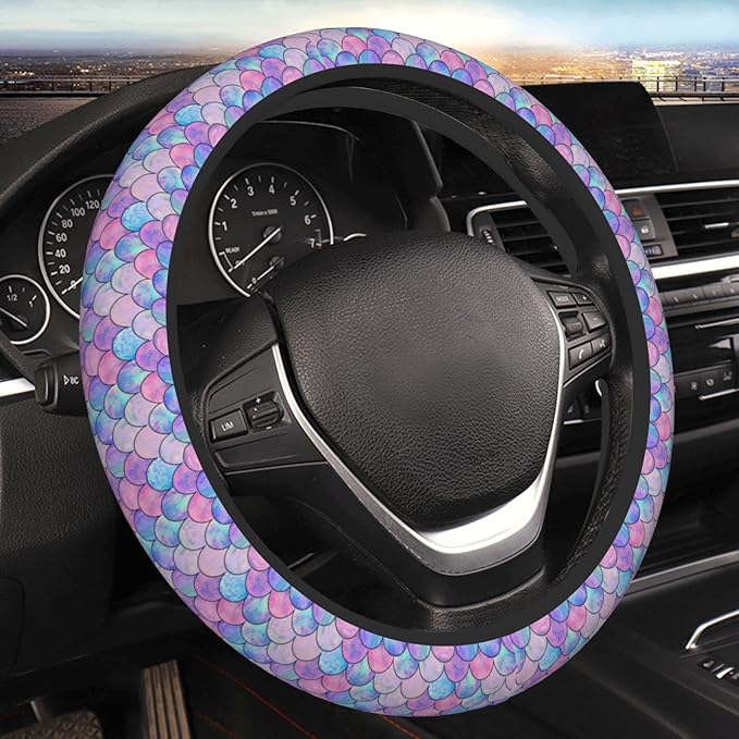 Mermaid Rainbow Steering Wheel Cover Women Men Elastic Stretch Soft Car Wheel Protector Universal Breathable No-Slip Car Accessories for Truck Van SUV Auto Fit 14-15 Inches