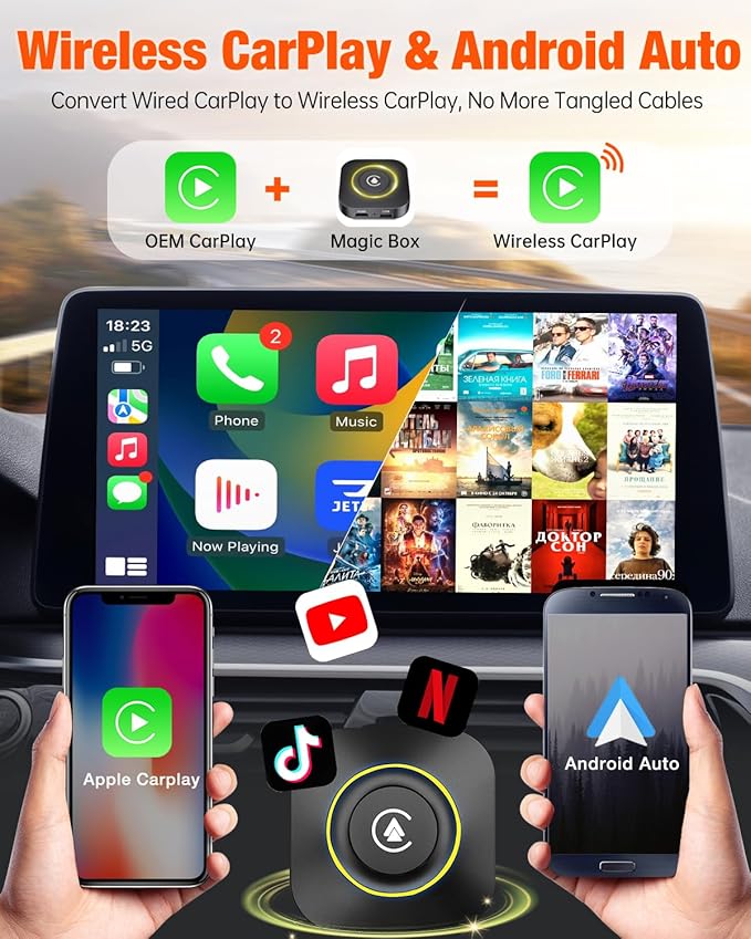 Netflix CarPlay Adapter, Magic Box YouTube Hulu Disney+ TikTok, Wireless CarPlay Adapter Only for Original Cars with Wired CarPlay and Android Auto Blue
