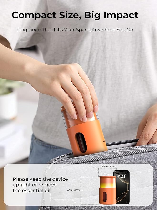 Waterless Diffuser for Essential Oil: Mini Battery Scent Diffuser for Room&Home&Car with 9 Colors LED Light - Portable Aroma Cool Mist Machine Bright Orange