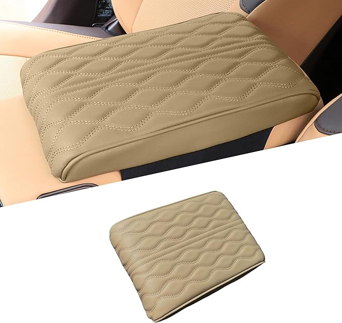 Car Center Console Cover, Leather Waterproof Vehicle Armrest Box Pad, Memory Cotton Comfortable Automotive Interior Seat Box Cushion Protector Accessories, Universal for Most Cars (Beige)