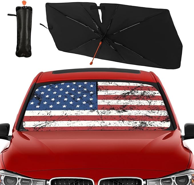 Retro American Flag Car Windshield Sun Shade Umbrella Foldable America Patriot Sunshade for Front Window Auto Windshield Sunshade Covers USA Car Accessories Protect from Sun Rays Heat 57'' X 30''