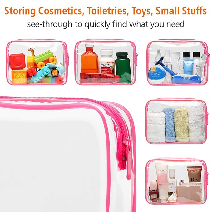 PACKISM TSA Approved Toiletry Bag 3 Medium - Quart Size Clear Makeup Bag for Carry On, Airport Security Compliant Clear Travel bag for Toiletries with Reinforced Seams, Bright Rose Red