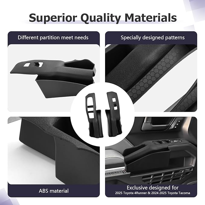 LUWU Door Side Storage Box Compatible with 2025 2026 Toyota 4Runner Accessories Side Organizer Tray 2025 2026 4Runner Center Console Organizer TPE Material Front Storage Box Black 2-Pack