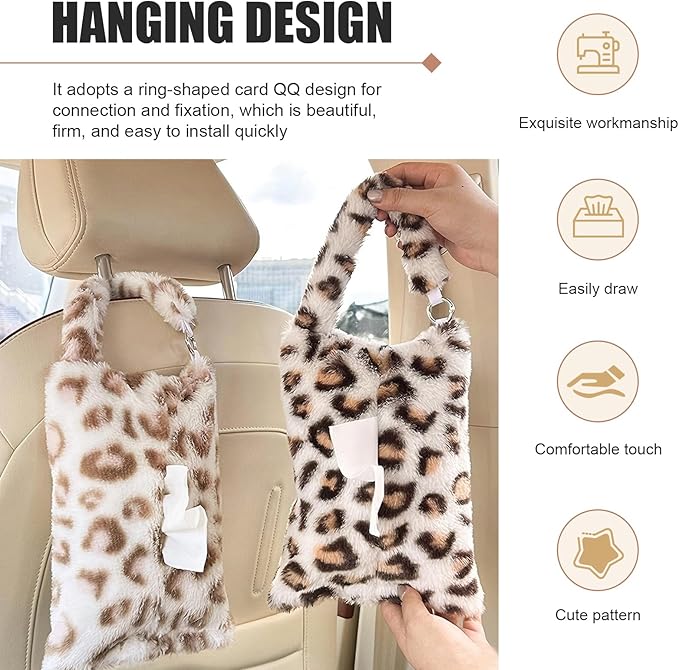 Leopard Print Car Tissue Bag, Cute Plush Hanging Tissue Holder, Multi-Functional Car Backseat Hanging Storage Bag, Universal for Small-Size Tissues (Gray)