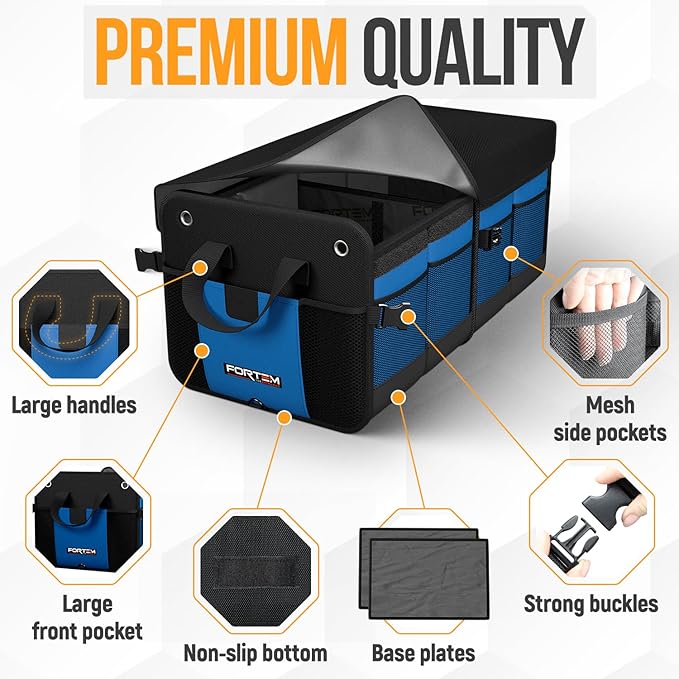 FORTEM Trunk Organizer For SUV Car Organizer and Storage, Collapsible Multi-Compartment Storage Bag Car Accessories for Women Men, 1680D Oxford, Non Slip Bottom, Adjustable Straps, Soft Cover (65L)