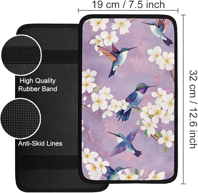 1pc Center Console Armrest Cover Pad 12.6x7.5 inch Flower with Hummingbird Neoprene Car Armrest Cushion Waterproof Armrests Seat Box Cover Protector for Universal Cars Vehicles SUVs