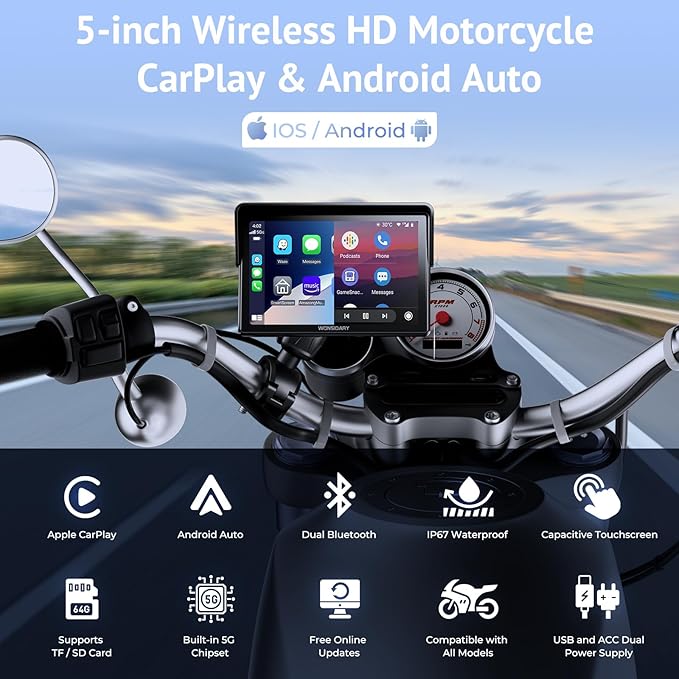 5" Motorcycle CarPlay Wireless for Apple CarPlay & Android Auto,W522 Car Play Motorbike Waterproof Touch Screen with Dual Bluetooth,GPS Navigation,Siri/G-Assist,EQ,USB/Hardwired Power Supply