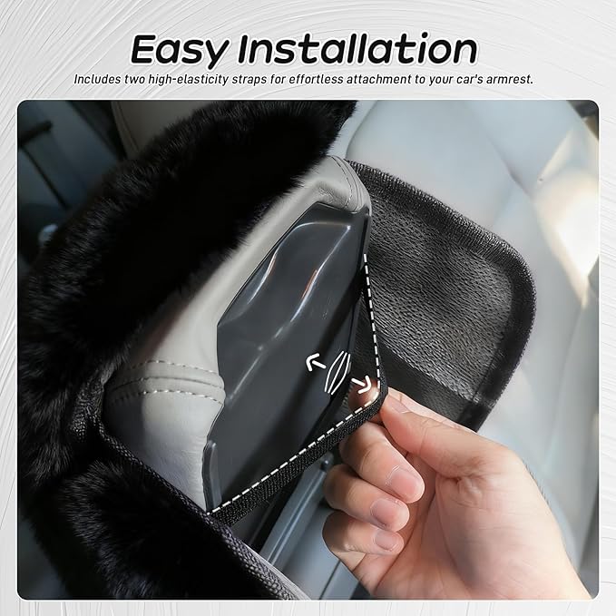 Fluffy Car Armrest Cover with Side Pockets – Plush Fuzzy Fur Center Console Armrest Cushion Pad, Universal Winter Car Interior Protector, Soft Arm Rest Cover with Storage for Women & Men (BLACK)