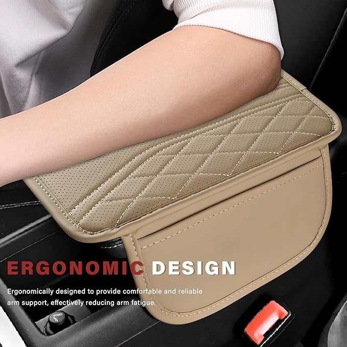 Car Center Console Cover, Leather Auto Armrest Cushion Pad with Two Storage Pockets, Waterproof Arm Rest Box Mat Protective Cover for Sedan SUV Truck, Car Accessories (Beige)
