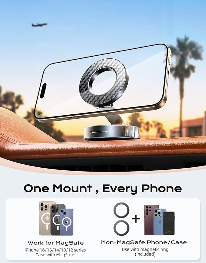 Viccux 2026 Upgraded Vacuum Magnetic Phone Holder for Car [89LB Vacuum Suction+2400GF Strong Magnetic] 360° Adjustable Car Phone Holder for MagSafe, Dashboard Suction Cup Phone Mount for iPhone 17/16