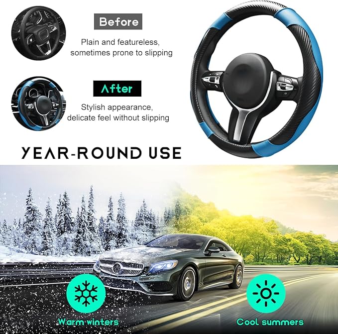 Car Steering Wheel Cover, 15 inch Carbon Fiber Microfiber Leather Elastic Steering Wheel Protector, Breathable Anti-Slip Comfortable Steering Wheel Covers for Most Cars (Black&Blue)