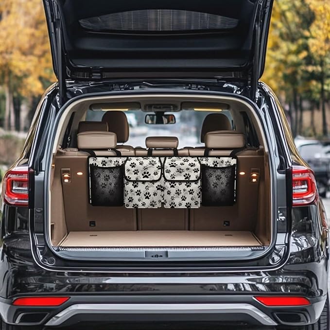 Dog Paw Car Trunk Organizer, Backseat Storage Bag with 4 Pockets, Adjustable Large Capacity Hanging Collapsible Bag for Most Vehicles, Universal Car Accessories