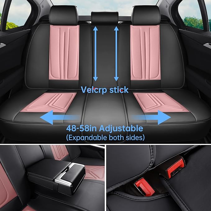Car Seat Covers, Premium Leather Car Seat Covers, Waterproof and Breathable Seat Covers, Universal Car Seat Protector Fit for Cars, Trucks, SUVs, Pick-ups (Black & Pink, FullSet)