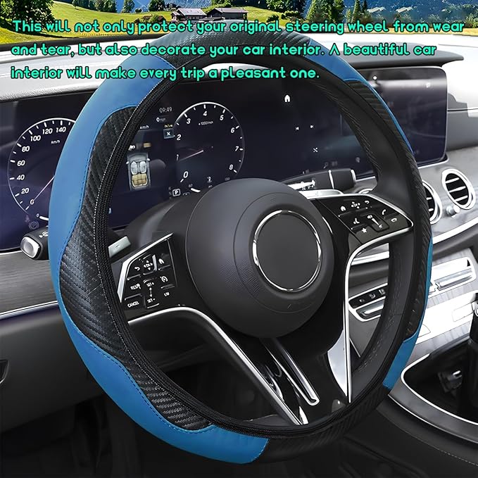 Car Steering Wheel Cover, 15 inch Carbon Fiber Microfiber Leather Elastic Steering Wheel Protector, Breathable Anti-Slip Comfortable Steering Wheel Covers for Most Cars (Black&Blue)