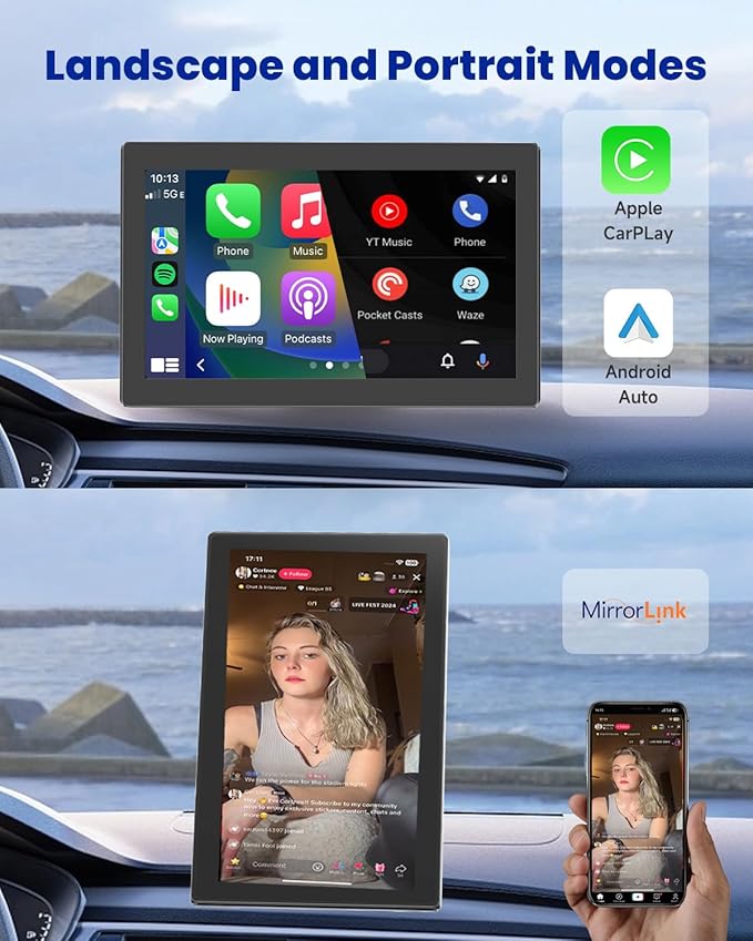 CarPlay Screen with Android Auto, CL798 7'' Portable Touchscreen with Portrait & Landscape Modes, Magnetic Bracket, GPS Navigation, Mirror Link, Bluetooth, Voice Control, OTA Update