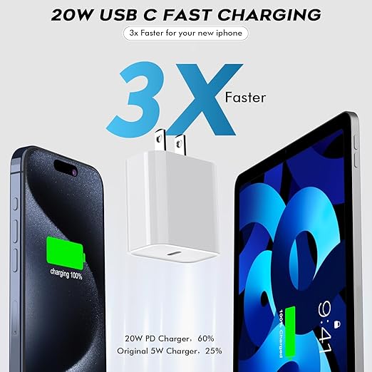 10Foot USB C Charger for iPhone 16 Charger, 2Pack 20W Type C Charging Block Long 10FT USB C Cord Cable Fast Charging for Apple iPhone 16/16e/16 Pro/16 Plus/16 Pro Max/15/15 Plus, iPad mini/iPad Air
