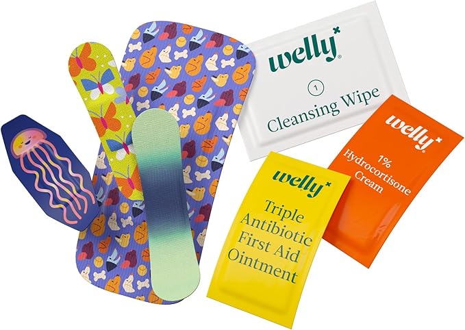 Welly First Aid Kit - Bravery Badges in Flexible Fabric and Waterproof, Singe Use Ointments Triple Antibiotic, Cleansing Wipes and Hydrocortisone - 70 Count