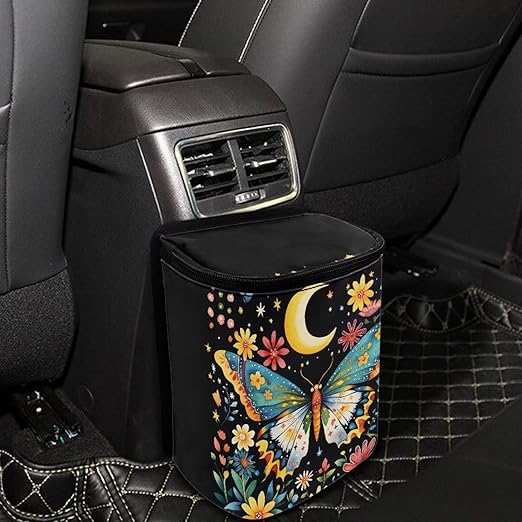 Moon Florak Butterfly Car Trash Can with Lid, Cute Leakproof Car Trash Garbage Bag Hanging Vehicle Trash Bin Small Portable Automotive Garbage Cans Organizer for Back/Front Seat/Console