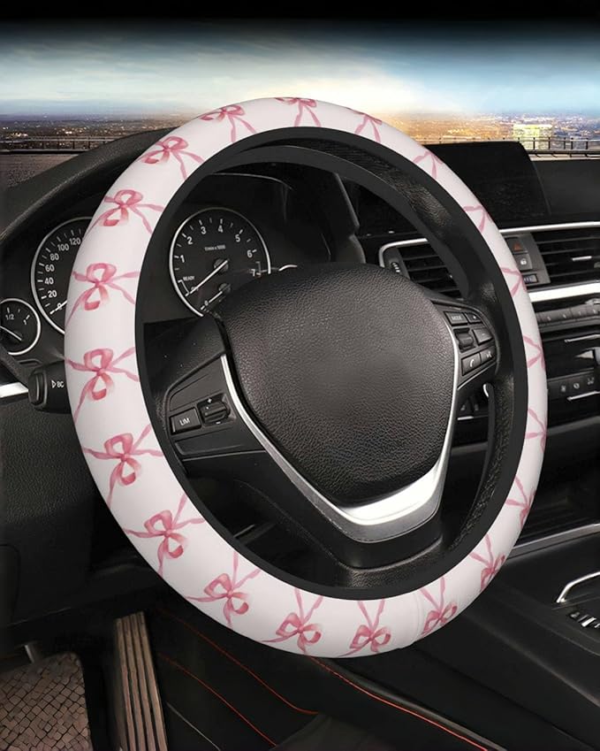 Steering Wheel Cover Accessories Neoprene Cover, Breathable Non-Slip Easy to Install Suitable for Women Men, 14.5-15.5 Inch for Car SUV Van Truck Universal - Pink Bow