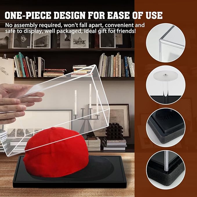 Hat Display Case, Clear Acrylic Baseball Cap Display Stand, UV Protection Hat Case Showcase with Hat Shaper for Collectors and Signed Memorabilia, No Assembly Required