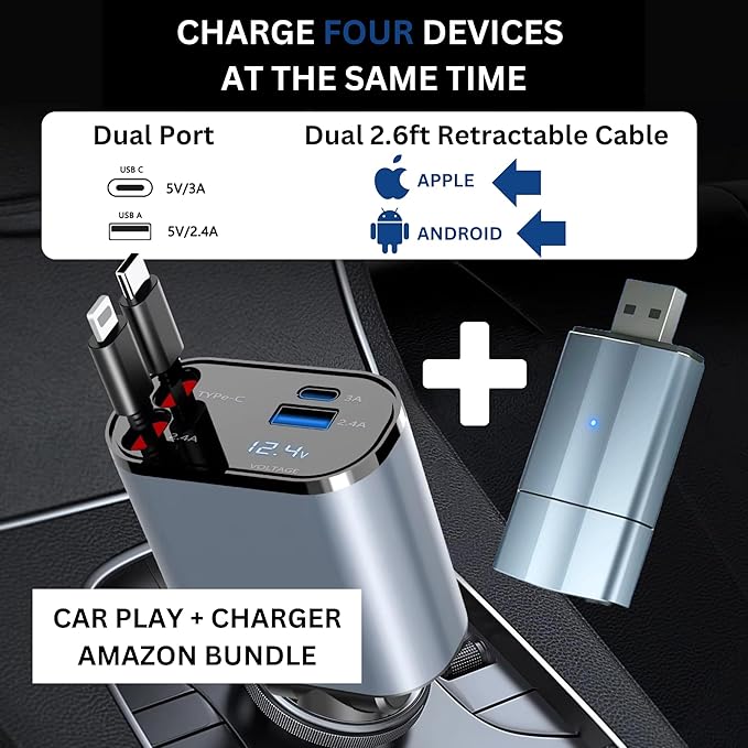 Wireless Car Play Adapter - Convert Wired to Wireless for iPhone & Android | Car Play for Vehicles 2017+ | Bluetooth Connection | Hands-Free Control | Charger with 2.6 ft. Retractable Charging Cord