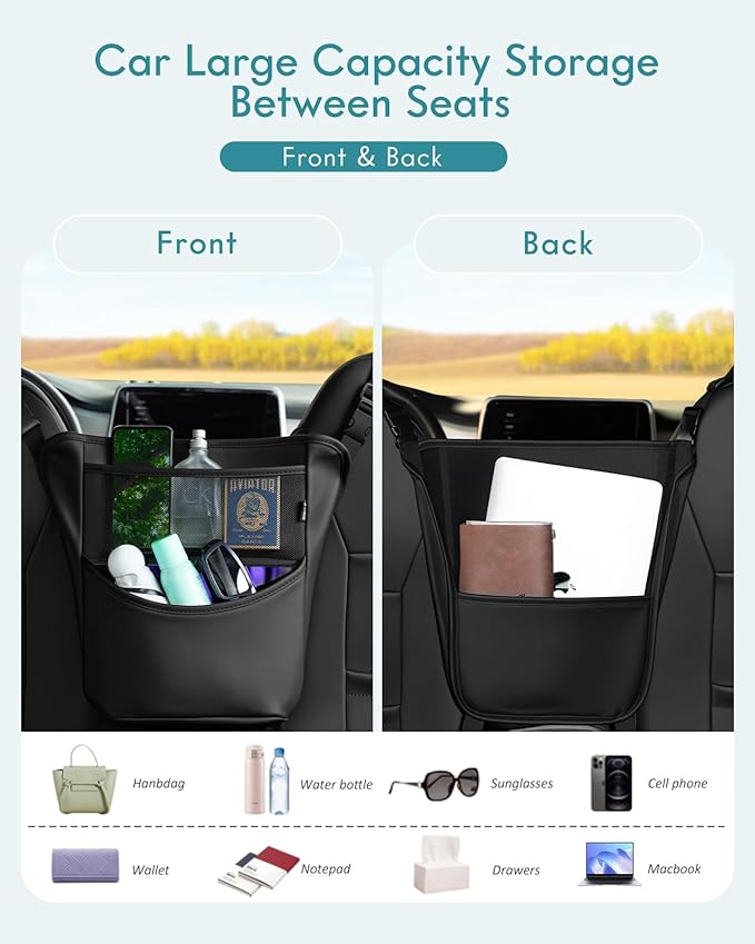 FLORICH Hanging Organizer Storage Between Seats, Premium Leather Headrest Hanging Storage Bag Front Seats, Barrier of Backseat Pet Kids