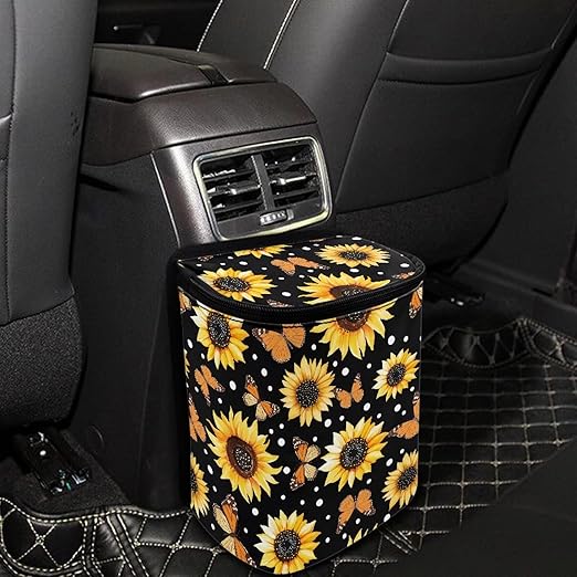 Sunflower Butterfly Car Trash Can Auto Garbage Bag with Lid Leak-Proof Car Storage Bag Garbage Bag Hanging for Headrest Portable Vehicle Backseat Organizer