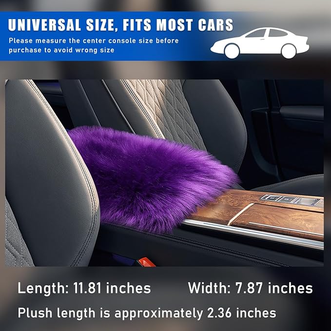 Furry Car Center Console Cover, 11.8"×7.9" Sheepskin Wool Armrest Box Cushion Pad, Comfort Soft Auto Center Console Protector, Interior Decor Accessories for Most Vehicles (Dark Purple)