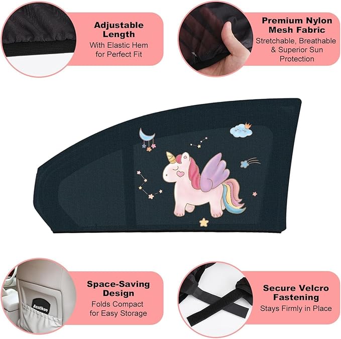 Car Window Shades for Baby, 2 Pack Car Sun Shades with UV Protection, Universal Fit Stretchable Side Window Sunscreen Sun Shades with Unicorn Motifs, Rear Window Shades for Kids