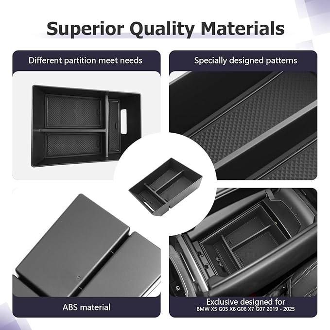 LUWU Center Console Organizer Compatible with BMW X5 G05 2019-2026/X6 G06 2020-2026/X7 G07 2019-2026 Accessories Armrest Console Storage Box Insert Tray ABS Material Black Coin Container Black