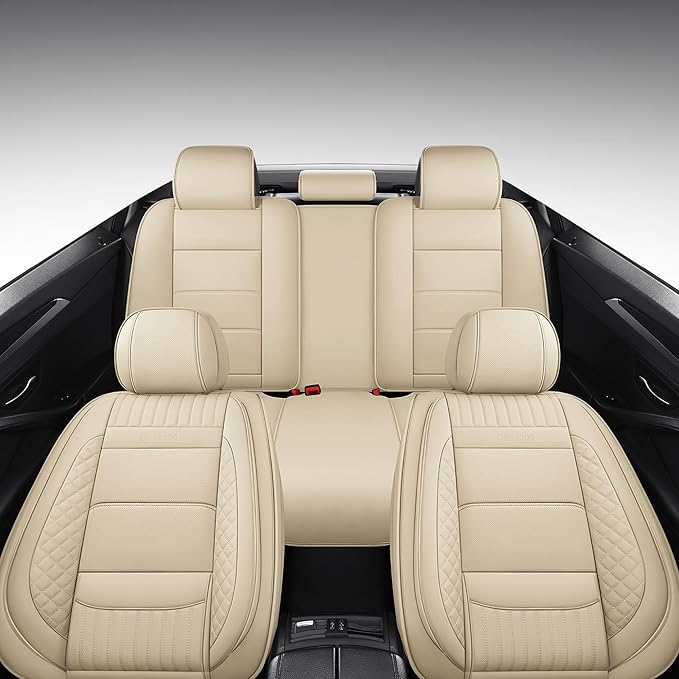 Chezope Car Seat Covers Full Set, Beige Leather Seat Covers, Breathable Front and Back Car Seat Protectors, Wear-Resistant Seat Covers Universal Fit for Most Cars SUV Truck (Beige-Stripes-A, Full Set)