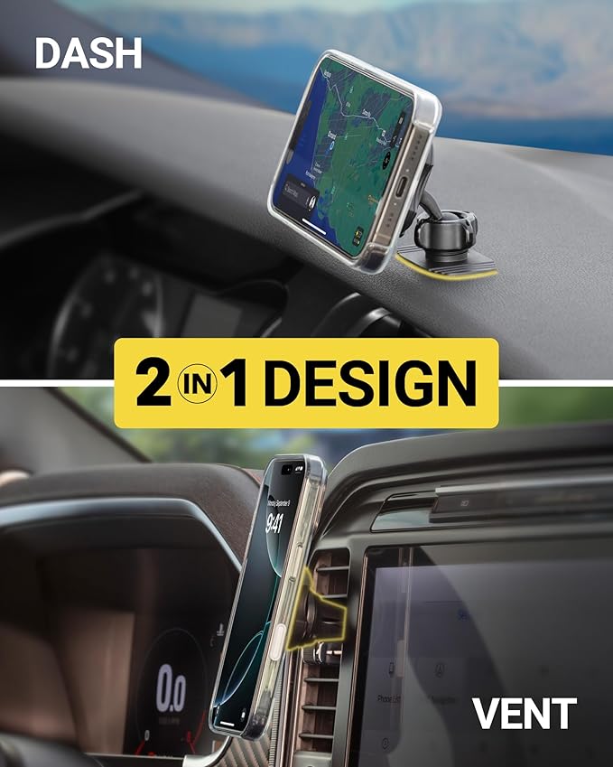 Scosche MagSafe Car Mount, Magnetic Phone Holder for Car Dashboard & Vent with 360° Rotation, 2-in-1 Cell Phone Mount for iPhone 17/16/15/14/13 & More w/MagicRing Adapter, Compatible with PopSockets