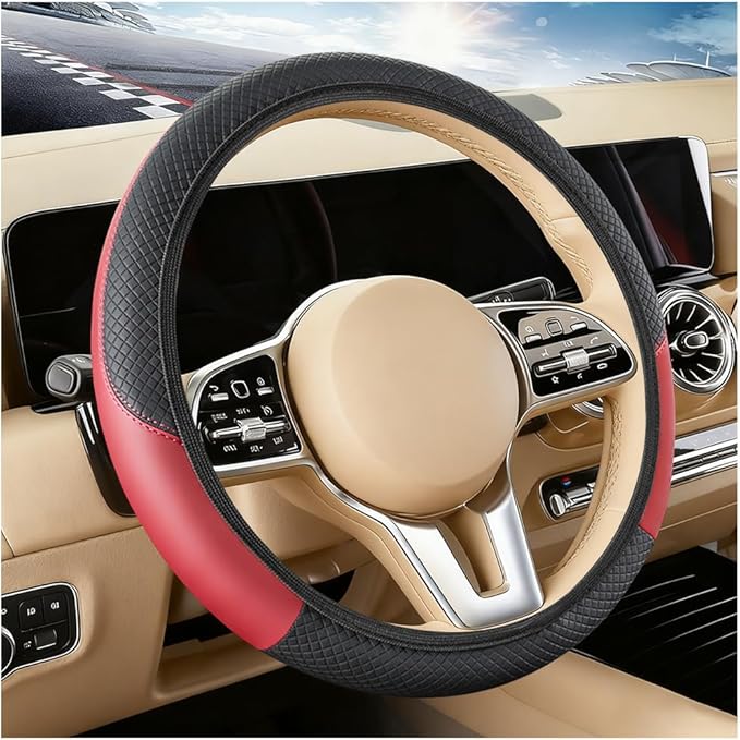 Car Steering Wheel Cover, Elastic Stretch Leather Non-Slip Vehicle Steering Wheel Guard, Automotive Interior Protective Decor Accessories, Universal for SUV RV Truck (Black/Red)