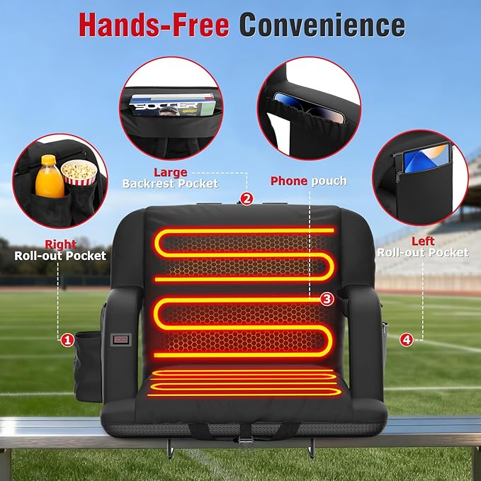 Suteck Extra Wide Heated Stadium Seats with Back Support 2 Pack, Portable Sofa Style Bleacher Chair with Back and Cushion, Armrest, Ideal for Outdoor Stadiums and Events -23" Wide