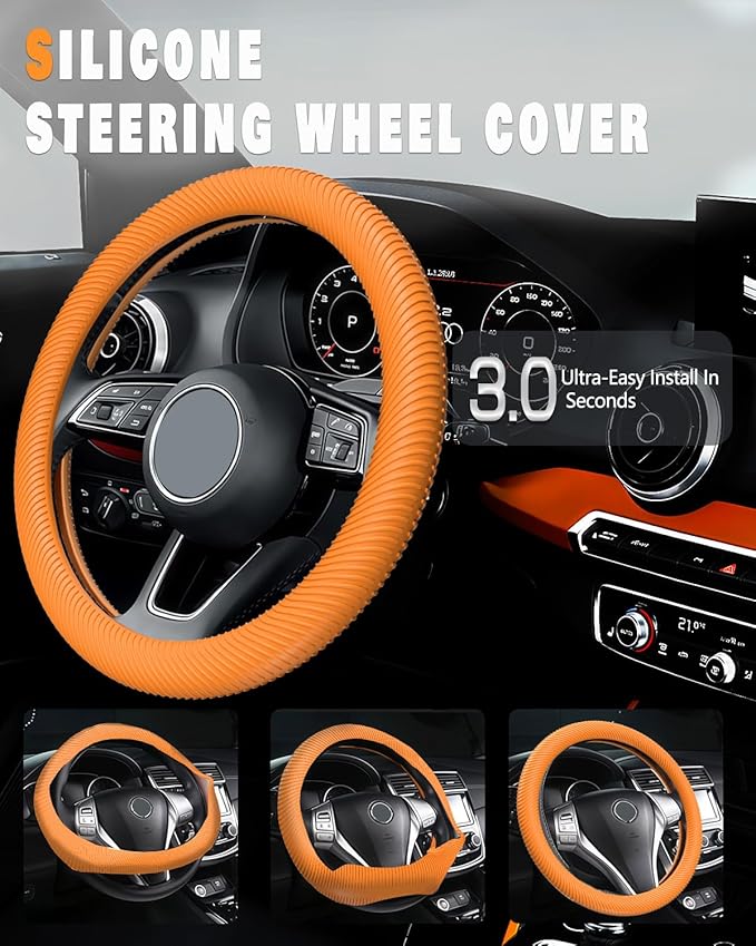 WOCOCN Car Steering Wheel Cover, Thin Anti-Skid Silicone Steering Wheel Cover for Men & Women, Universal Automotive Interior Accessories for Most Cars (Dark Orange)