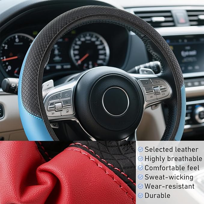 Car Steering Wheel Cover, Elastic Stretch Leather Non-Slip Vehicle Steering Wheel Guard, Automotive Interior Protective Decor Accessories, Universal for SUV RV Truck (Black/Blue)