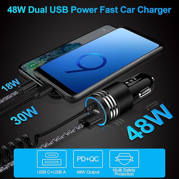 for iPhone 17e/17/16/15 Car Charger,48W PD+QC USB C Fast Car Charger Cigarette Lighter Adapter with 30W Built-in Coiled Type C Fast Charging Cable for iPhone 17e 17 Pro Max Air 16e 16 Pro Max 16 Plus